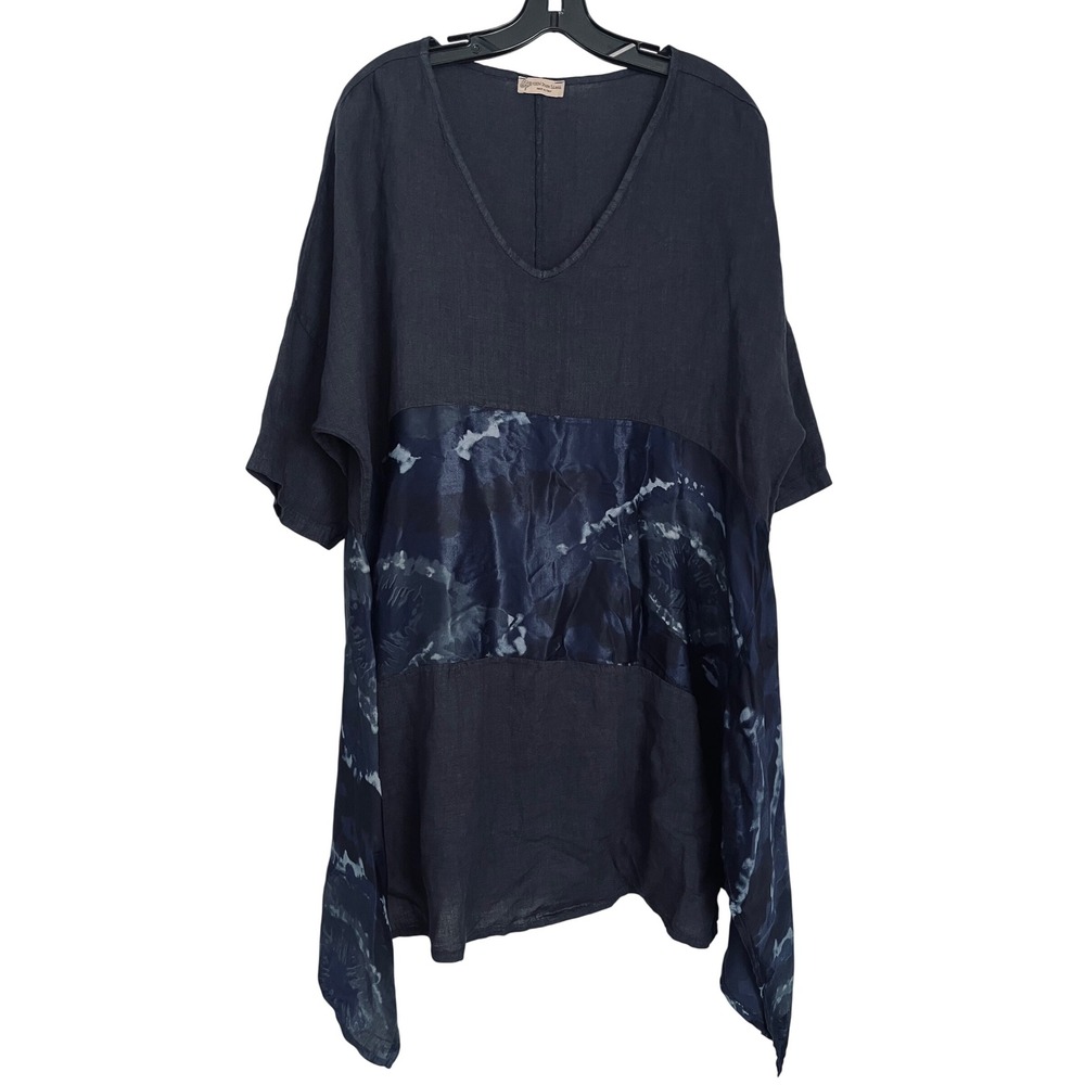 100% Pure Linen Tunic Top OS Tie Dye Lagenlook Italy Art Boho Earthy Minimalist